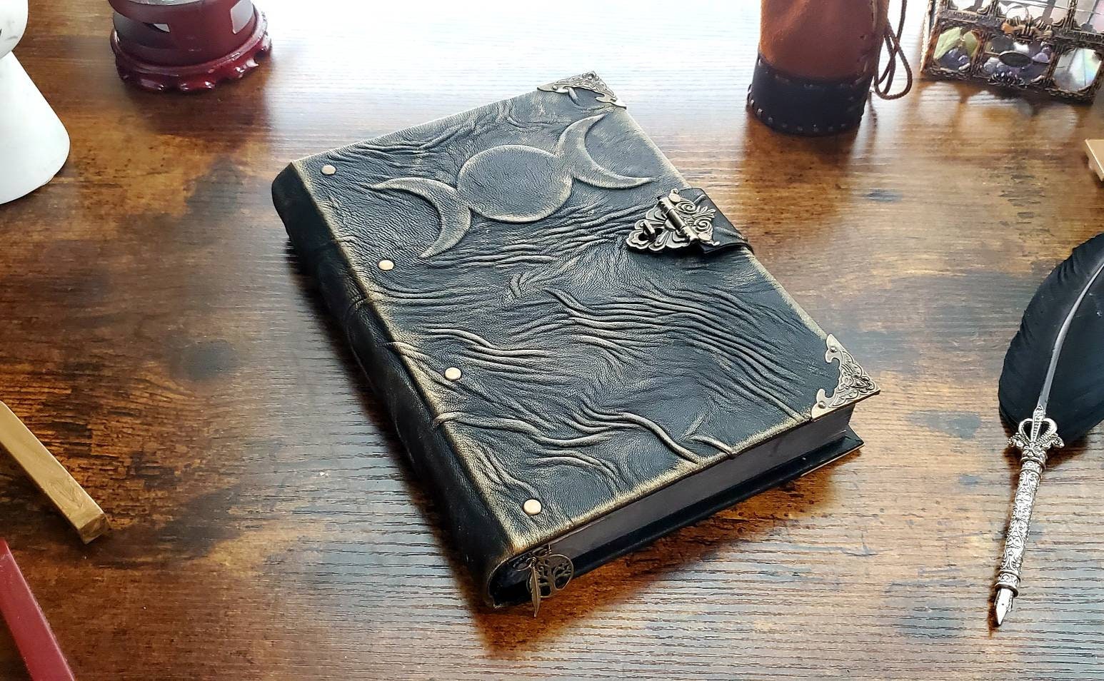 Grimoire Moon Phases Spell Book of Shadows Journal, Witchcraft Supplies, Leather Bound Journal, Vintage Journal, Charmed Book of Shadows, Vintage