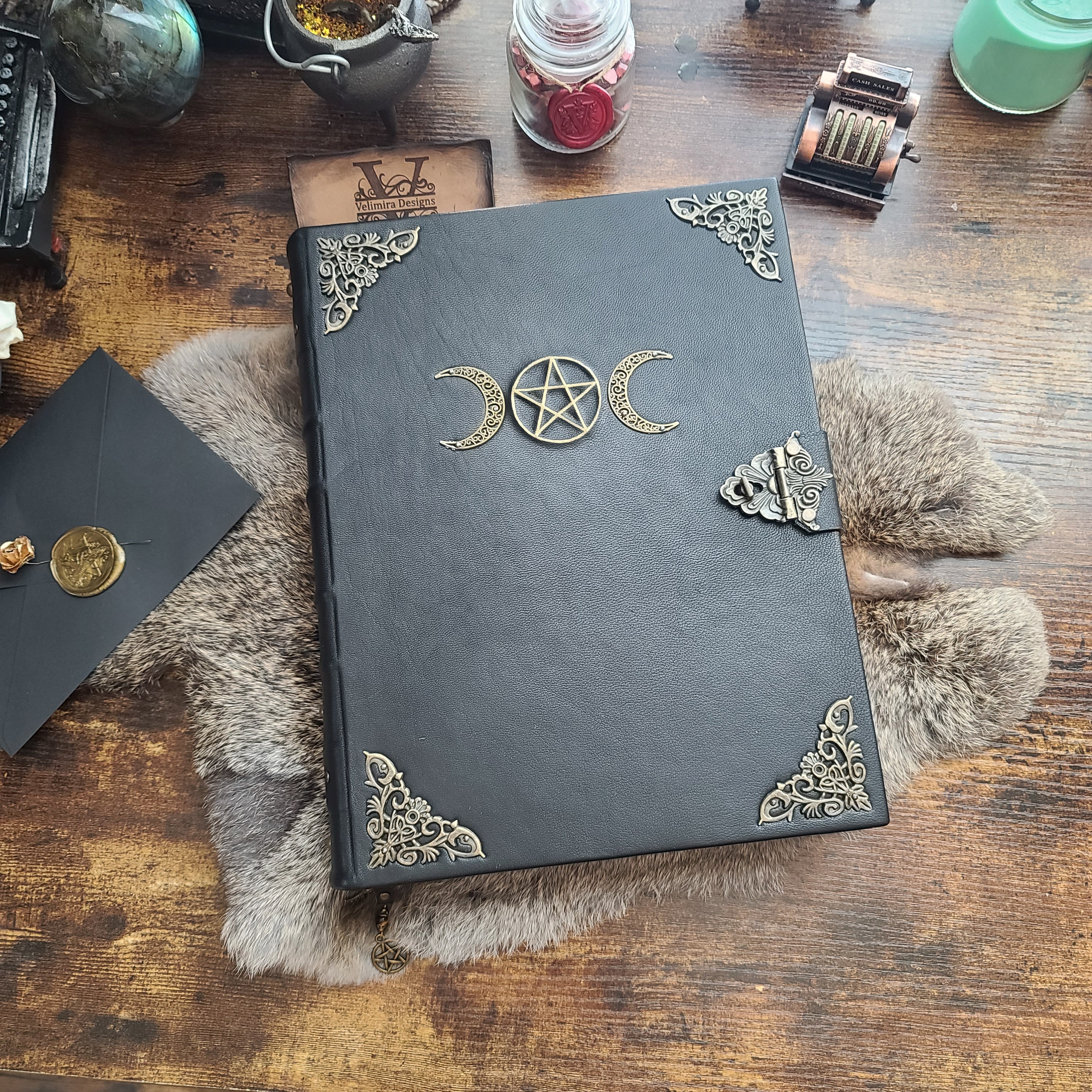 Mystical Dark Moon Vintage Style Grimoire (Leather, Gold