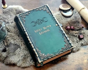 Green witch grimoire. Handmade leather blank book of spells