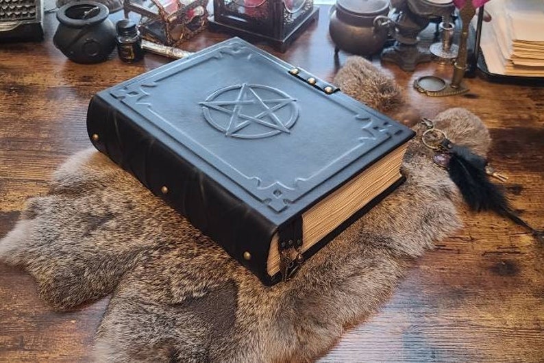 Big black grimoire spellbook handmade leather book of spells with double lock, book of shadows image 2