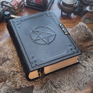 Big black grimoire spellbook handmade leather book of spells with double lock, book of shadows image 1