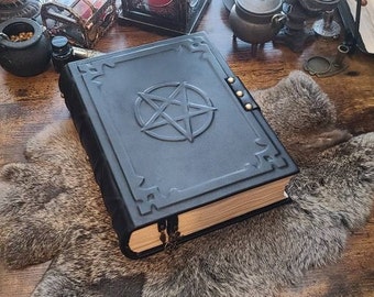 Big black grimoire spellbook handmade leather book of spells with double lock, book of shadows