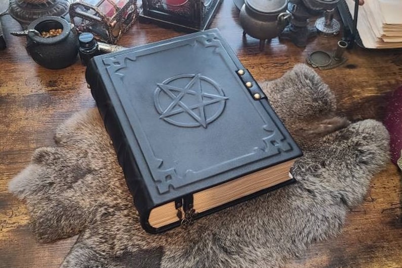 Big black grimoire spellbook handmade leather book of spells with double lock, book of shadows image 1