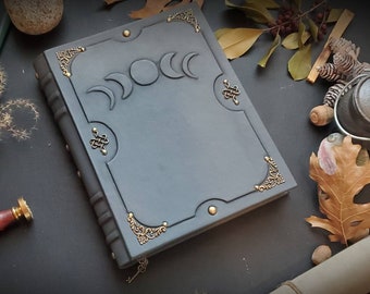 Mysterious Moon phases handmade leather blank notebook.  Book of shadows,  spellbook,  grimoire,  diary