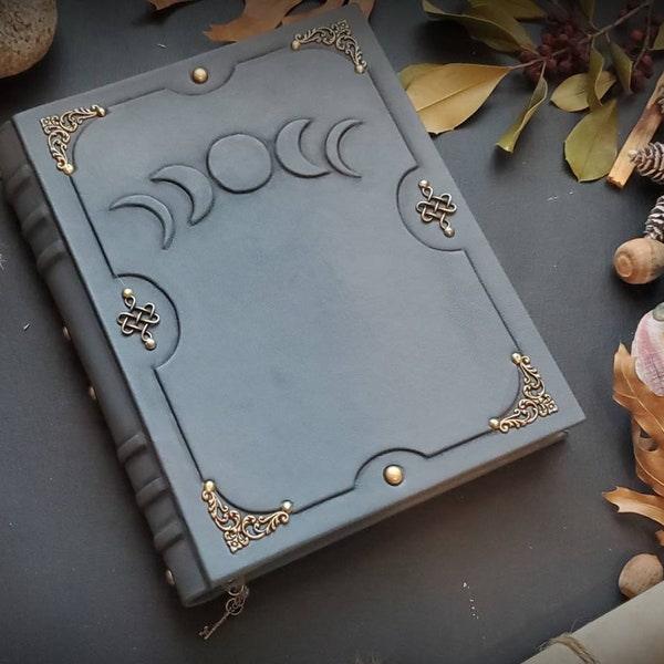 Mysterious Moon phases handmade leather blank notebook.  Book of shadows,  spellbook,  grimoire,  diary
