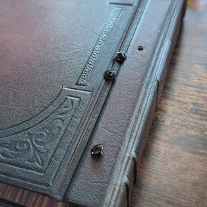 May include: A close-up of a leather-bound journal with decorative embossed detailing. The cover is a dark brown with a reddish hue, and the spine features metal rivets. The edges of the pages are visible.