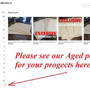 May include: Etsy shop display featuring aged paper products. The shop's logo and product categories are visible, with a call to action to view aged pages. Several product images are shown.