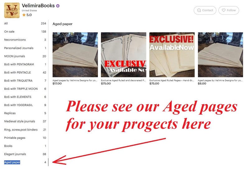 May include: Etsy shop display featuring aged paper products. The shop's logo and product categories are visible, with a call to action to view aged pages. Several product images are shown.