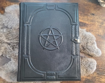 Black Book of Spells with Pentacle – Handmade Leather Journal. Black pages. In stock