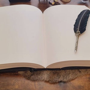 May include: A large, blank, leather-bound journal with a black feather quill pen resting on the open pages. The journal is lying on a brown wooden surface.