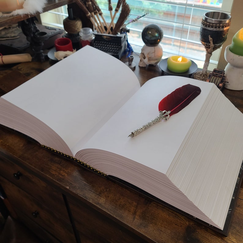 May include: A large, open book with blank pages and a red and silver feather quill pen resting on the right page.
