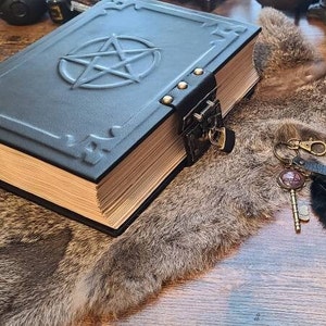 Big black grimoire spellbook handmade leather book of spells with double lock, book of shadows image 4