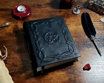 Pentagram. Wicca. Handmade magic leather blank journal. Book of shadows