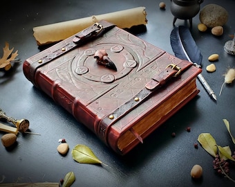 Ancient leather blank grimoire Raven skull and five elements