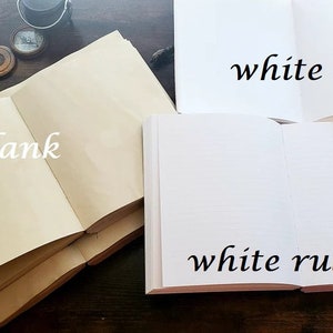 K&ouml;nnte beinhalten: Drei Notizb&uuml;cher auf einer Holzoberfl&auml;che. Die Notizb&uuml;cher sind ge&ouml;ffnet, um die verschiedenen Papiersorten zu zeigen: gealtert blank, wei&szlig; blank und wei&szlig; liniert.