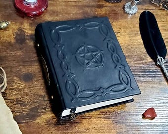 Pentacle. Wicca. Handmade magic leather blank journal. Book of shadows