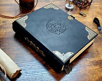 natural leather classic pentagram grimoire spell book, book of shadows