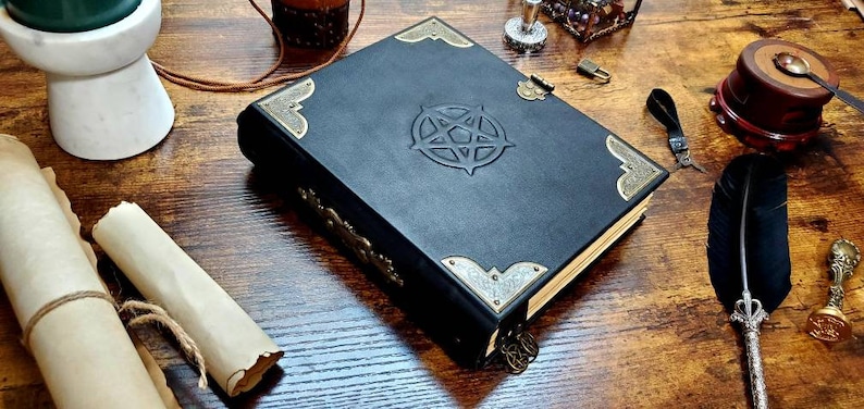 natural leather classic pentagram grimoire spell book, book of s
