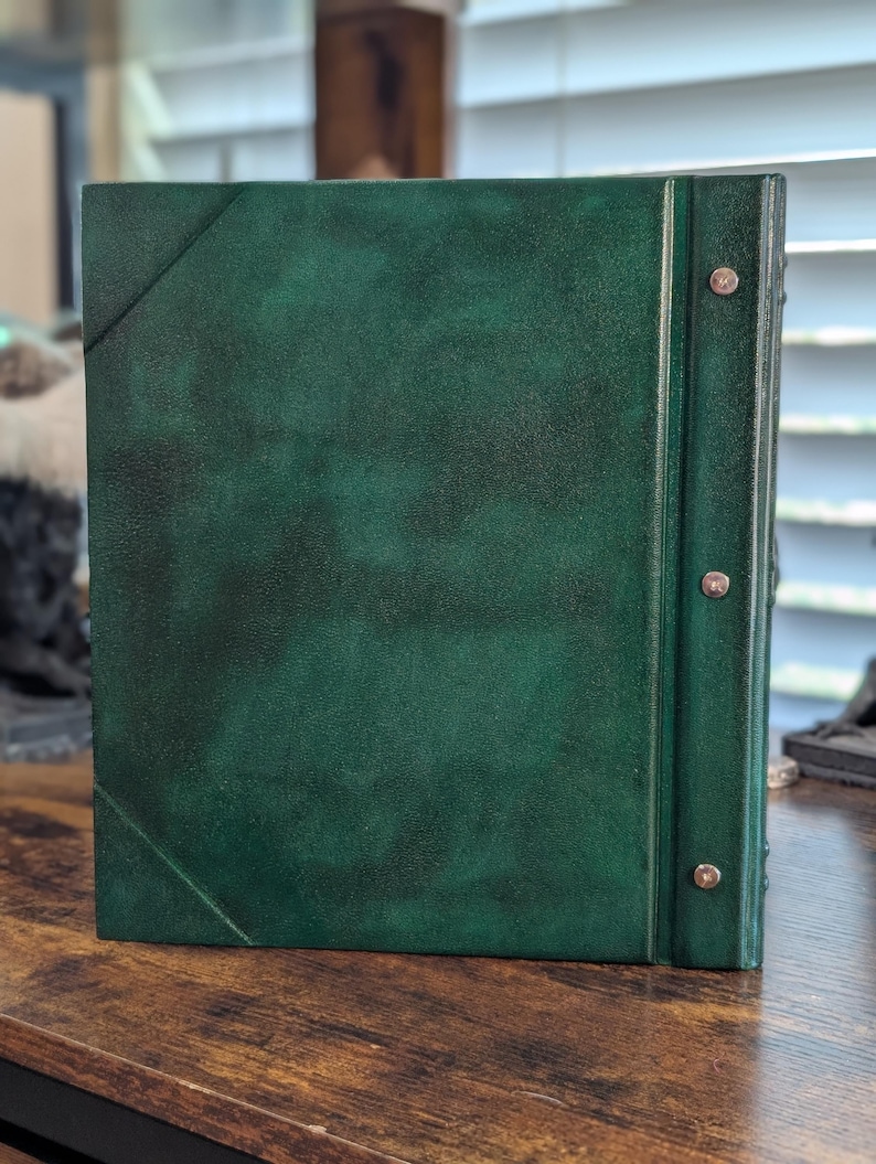 May include: A dark green leather-bound book with a textured surface. The book has a spine with metal rivets and a diagonal line detail on the cover. The book is sitting on a wooden surface.