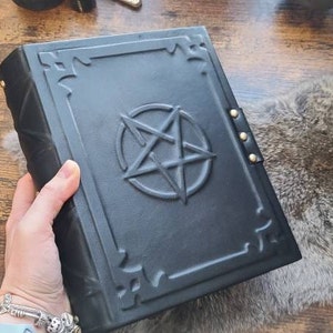 Big black grimoire spellbook handmade leather book of spells with double lock, book of shadows image 6