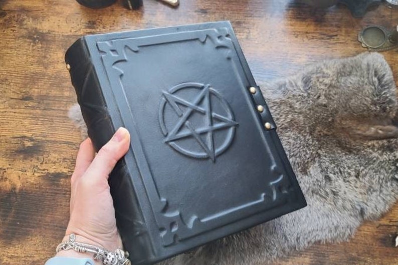 Big black grimoire spellbook handmade leather book of spells with double lock, book of shadows image 6