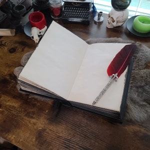 May include: An open, blank journal with aged paper and a black cover rests on a wooden surface. A decorative quill pen with a burgundy feather and silver filigree is placed on the right page. The scene has a gothic or fantasy theme.