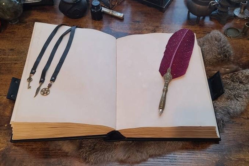 Big black grimoire spellbook handmade leather book of spells with double lock, book of shadows image 5