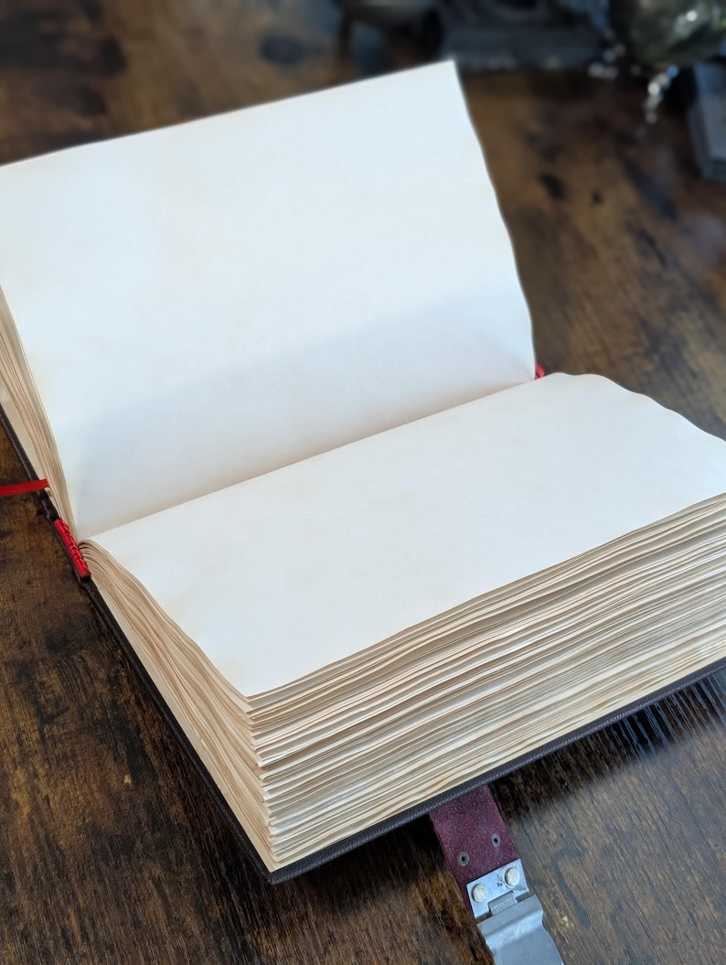 Puede incluir: Un diario abierto con p&aacute;ginas gruesas de color crema. El diario tiene una cubierta oscura con una correa burdeos y un cierre plateado. Una cinta roja como marcador es visible. El diario est&aacute; sobre una superficie de madera oscura.