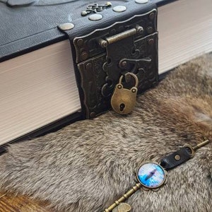 May include: A black leather-bound book with a brass lock and key. The book is closed and resting on a brown fur surface.