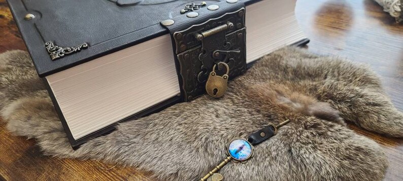 May include: A black leather-bound book with a brass lock and key. The book is closed and resting on a brown fur surface.