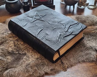 Handmade blank leather book of shadows,  book of spells,  grimoire.  Pentacle