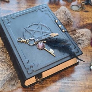 Big black grimoire spellbook handmade leather book of spells with double lock, book of shadows image 3