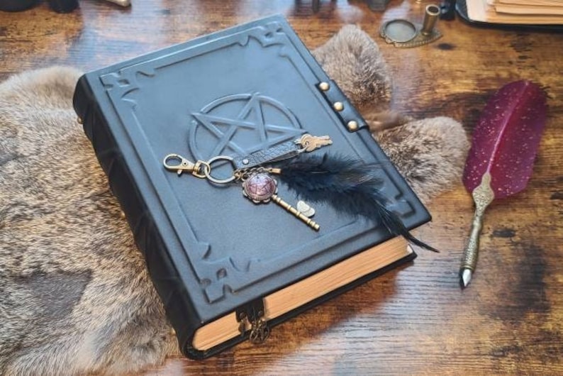 Big black grimoire spellbook handmade leather book of spells with double lock, book of shadows image 3