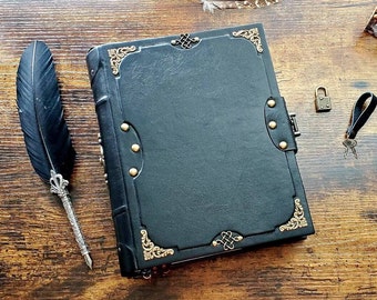 Big vintage blank book grimoire  spellbook book , book of shadows with double lock