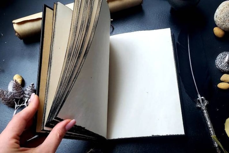 May include: An open, antique-style journal with aged paper pages. The pages are cream-colored with black edges, and the cover is dark. A hand is turning the pages. A quill pen and decorative items are on the dark surface.