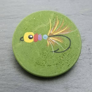 Get hooked! Hand painted handmade fly fisherman&#39;s pin brooch wood wooden free shipping within the continental United States
