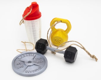 Fitness Ornament Set 4-Pack / conjunto de adornos impresos en 3D para levantamiento de pesas, levantamiento de pesas o fitness