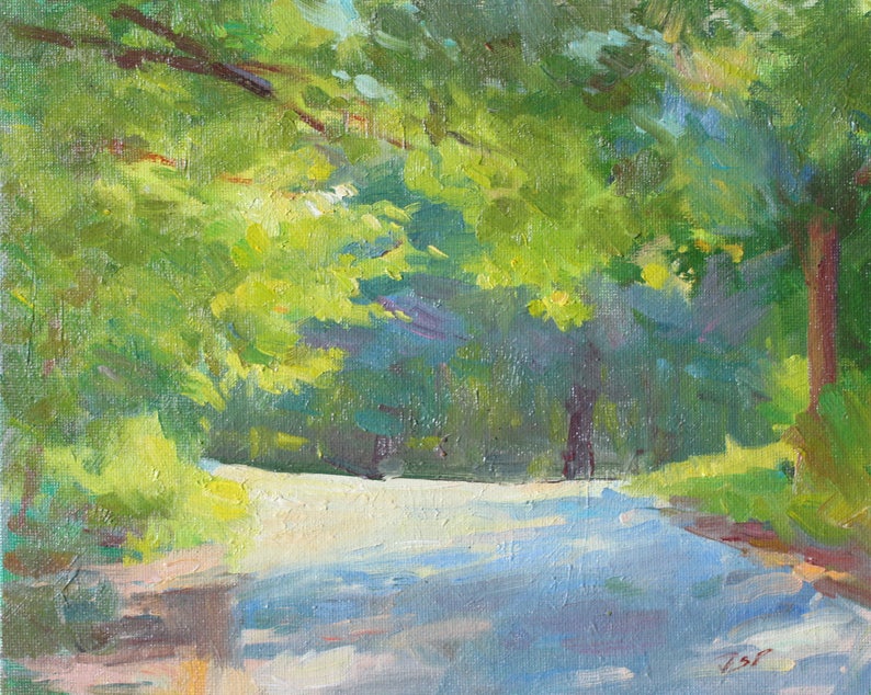 Light Through Trees Patching on Road Original Oil Painting Wall Art