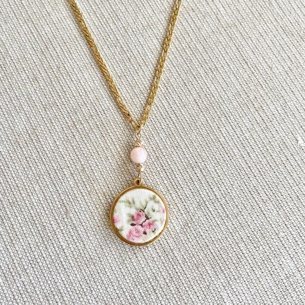 Recycled Fabric Gold Pendant Necklace | Fabric Necklace | Upcycled Jewelry | OOAK | Flower Pendant | Statement Jewelry | Textile Jewelry