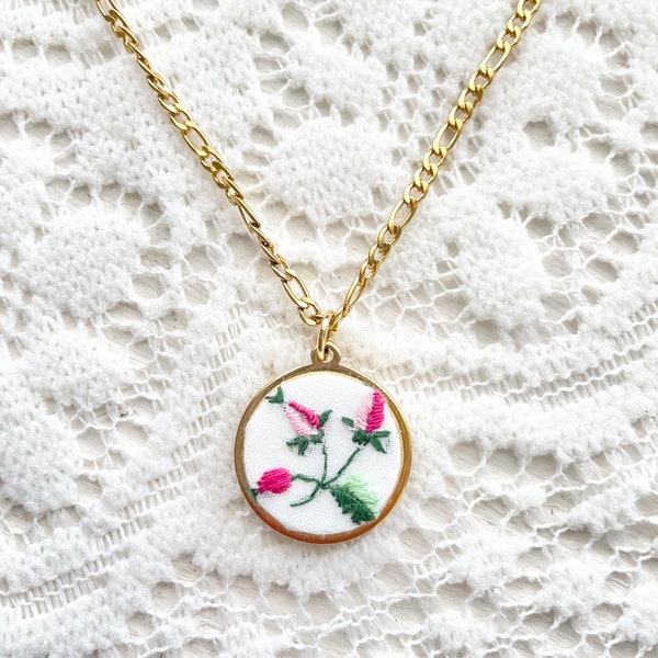 Embroidered Hanky Gold Pendant Necklace | Fabric Necklace | Upcycled Jewelry | OOAK | Flower Pendant | Statement Jewelry | Textile Jewelry