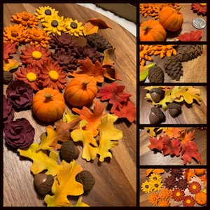 Autumn Fall Inspired Edible Cupcake Topper Floral Assortment with leaves, flowers, acorns, pumpkins and pinecones