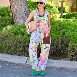 Återvunnen jumpsuit damstorlek S | Handgjord bomullsjumpsuit med lapptäcke | Quiltade fickor | Hållbar slow fashion-sparkdräkt