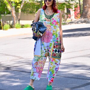 Återvunnen jumpsuit dam medium | Handgjord bomullsjumpsuit med lapptäcke | Quiltade fickor | Hållbar slow fashion-sparkdräkt