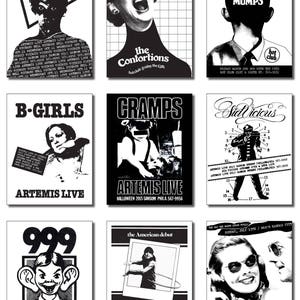 Arte original do Punk Flier projetada em 1978-79, reproduzida em um conjunto completo de 9 cartões postais, cada um com 4,25 x 5,5 polegadas