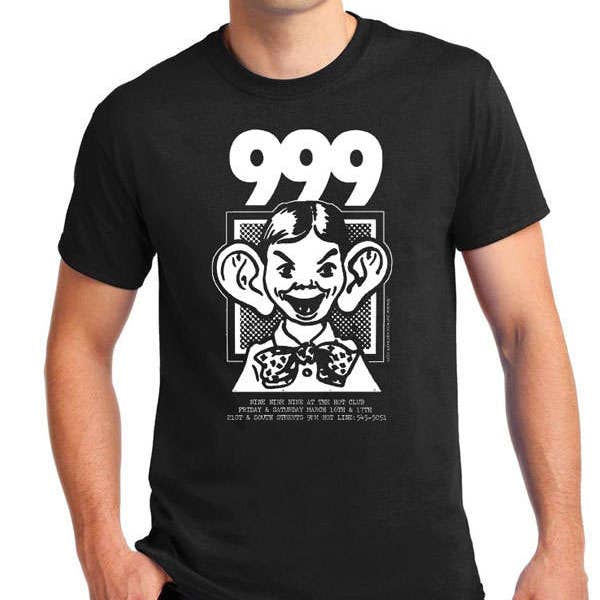 999 British Punk Band Vintage 1978 Artwork silkscreened in white ink on a 100% cotton black T Shirt