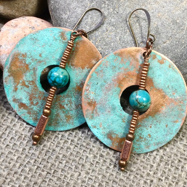 Copper Artisan Earrings, verdigris disk Earrings, layered copper earrings, modern luxe jewelry, turquoise drop earrings, gift idea for her