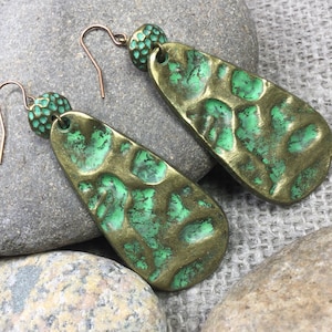 Hammered Brass Earrings, Patina Verdigris Earrings, Hand Forged Jewelry for her, large statement earrings, green verdigris jewelry gift idea