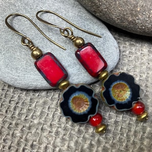 Handmade Czech Glass Earrings in copper, black and red, minimalist floral design, free spirited Island Hibiscus Flowers drop earrings