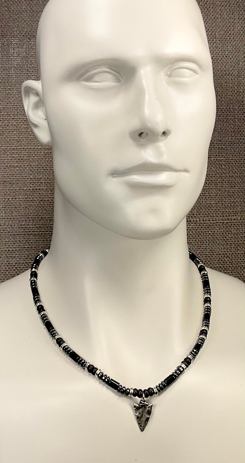 Silver Arrowhead Necklace for Men, Rustic Mens Jewelry, Onyx, Hematite