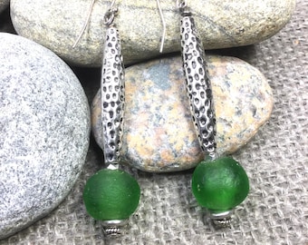 Hammered Silver Earrings for Women, Green Ghana Glass Jewelry for Her, Extra Long Dangle Earrings, Beaded Earrings, Silver Jewelry For Her